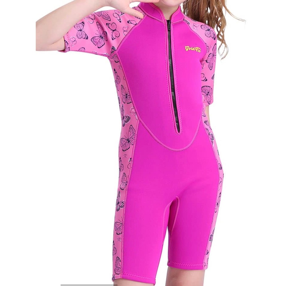 Goldfin Kids 2mm Neoprene Wetsuit Pink Butterfly Shorty Swimsuit Size 16